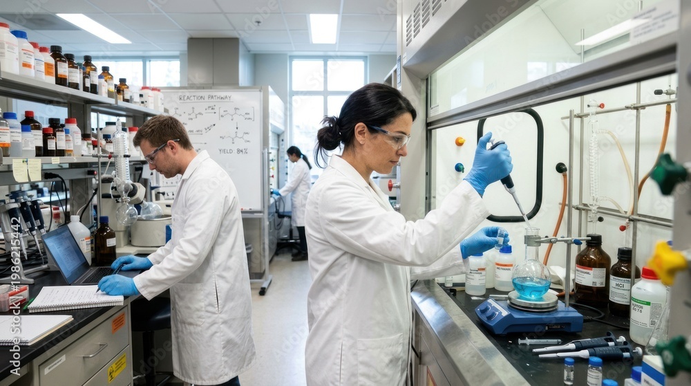 A man and a woman in a lab opposite each other testing something